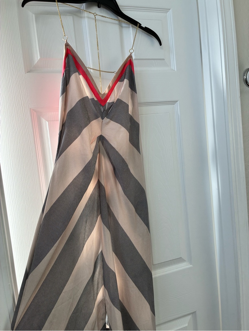 Victoria's Secret Striped Backless Maxi Dress in Gray, Cream & Red Trim